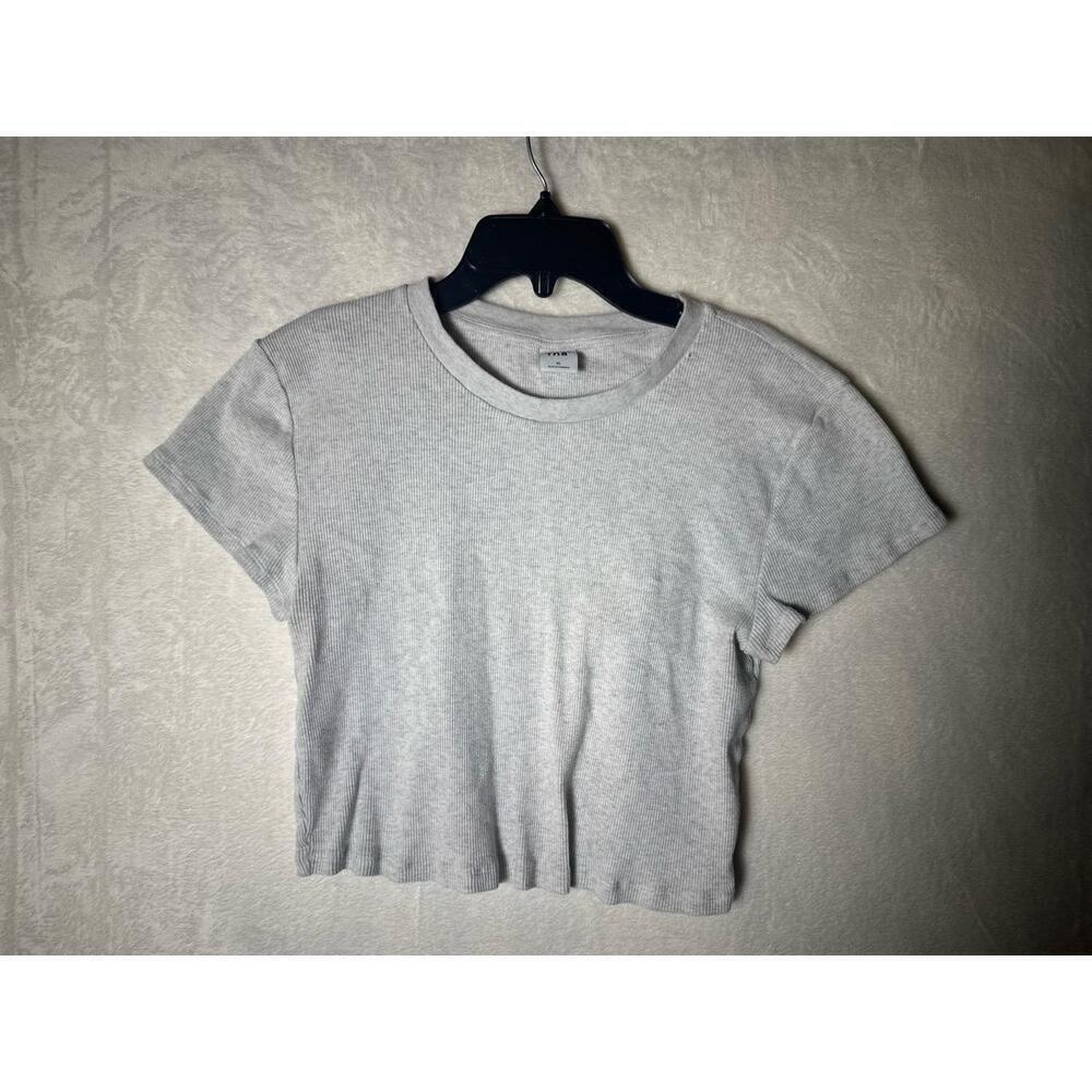 Aritzia TNA Light Grey Ribbed Texture‎ Short Sleeve Cropped T-shirt Size XL